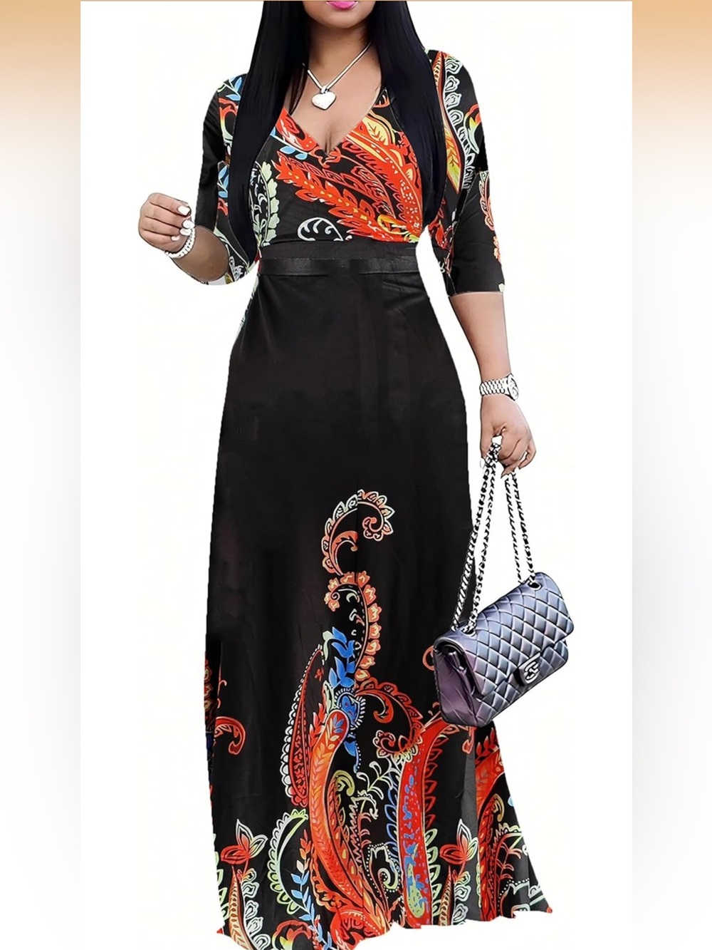 NWT Women’s Black Multi Color Paisley Print Maxi Dress with Pockets Size Small